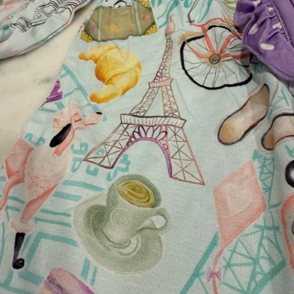 Birdie Bean Zipper‎ Pajamas Emilie in Paris Print Ruffle Trim Footed 2T